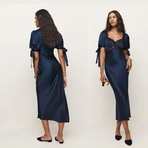 NWT Reformation Stella Silk Maxi Dress Navy Puff Sleeves w/ Tie Lace Details